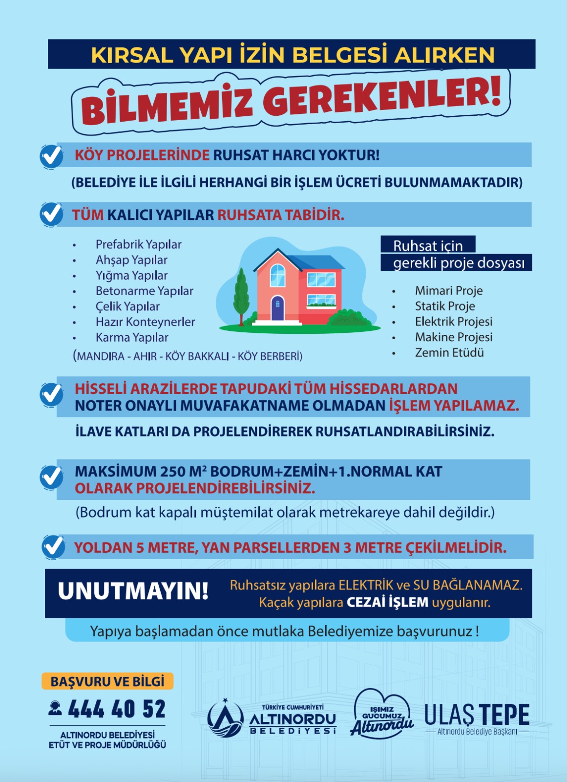 ALTINORDU BELEDİYESİ’NDEN KIRSAL YAPILARA RUHSAT UYARISI