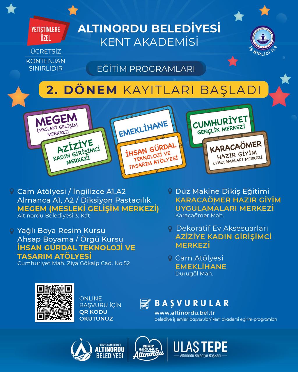 ALTINORDU BELEDİYESİ KENT AKADEMİSİ 2’NCİ DÖNEM KURS BAŞVURULARI BAŞLADI