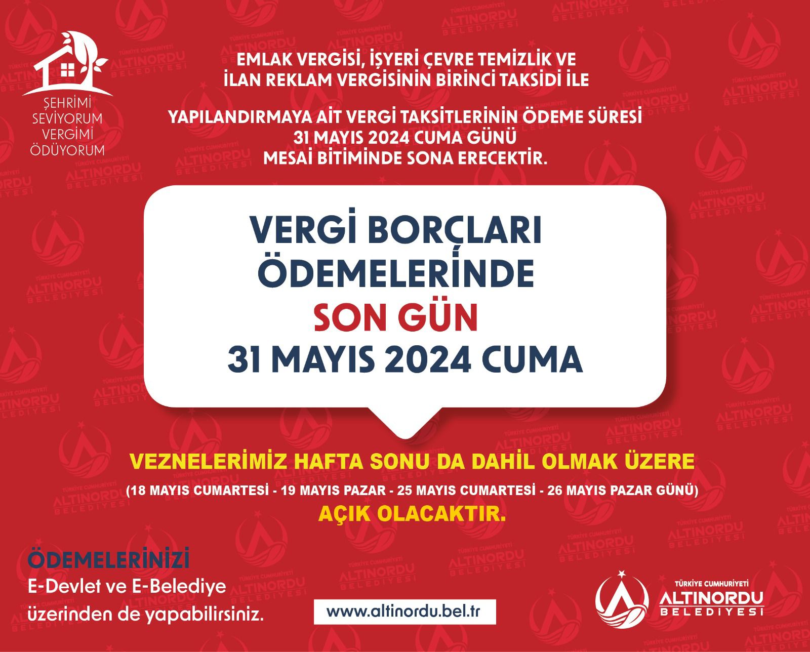 ALTINORDU BELEDİYESİ VEZNELERİ HAFTA SONU AÇIK